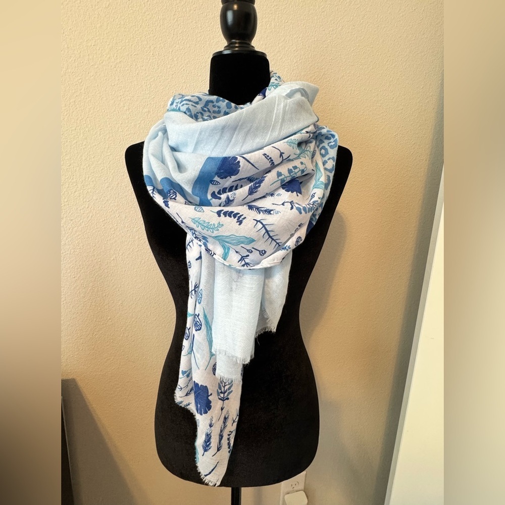 Hadley Wren Blue Botanical Floral Lightweight Boho Scarf Wrap